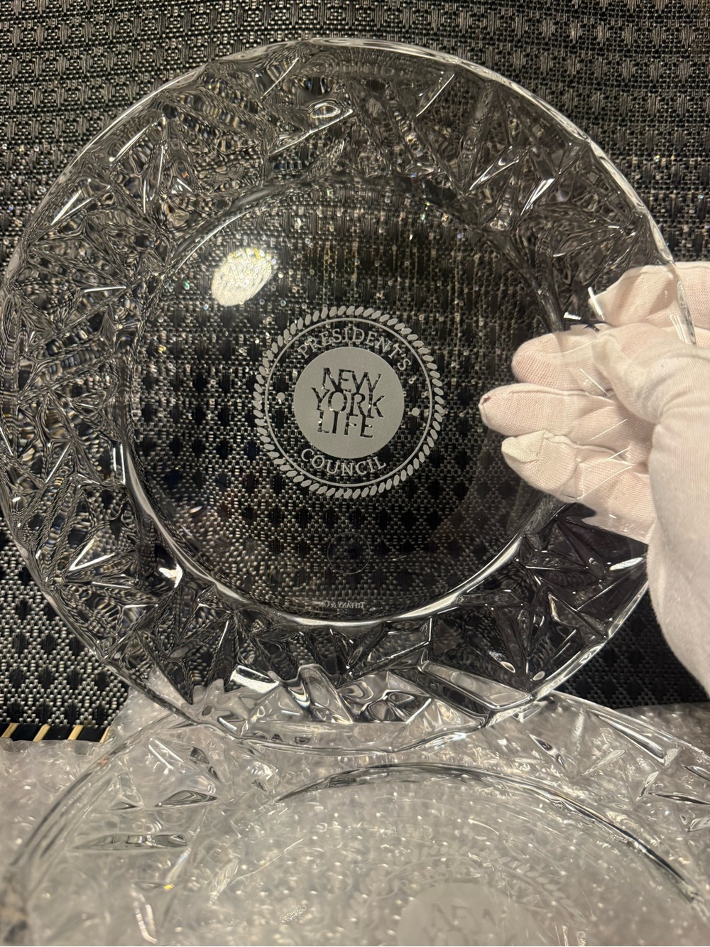 Tiffany & Co. Clear Cut Crystal Presentation Plate with Etched Emblem
